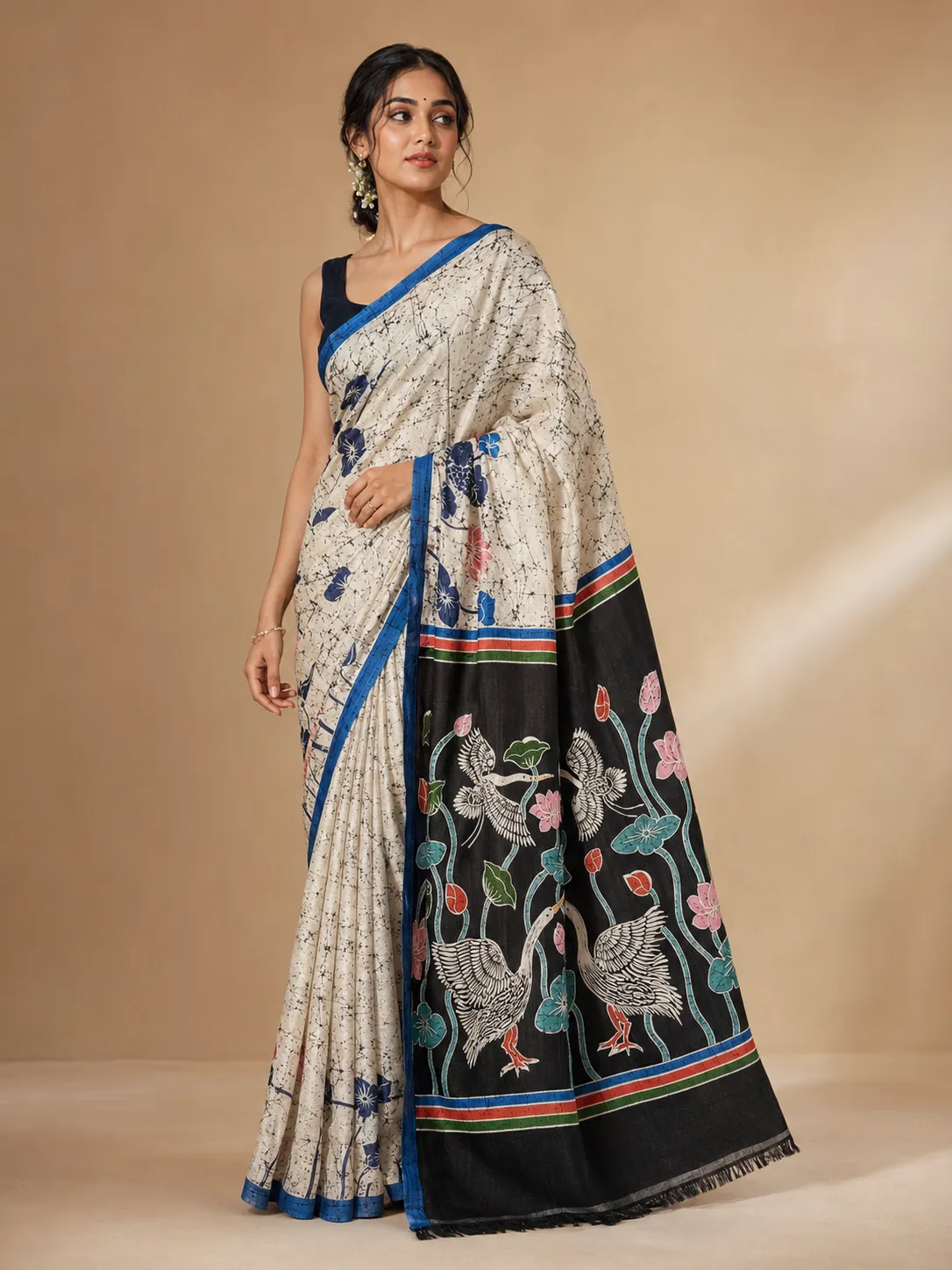 Saffron Harvest Wax Batik Saree — handloom Chanderi Batik saree by Naholi